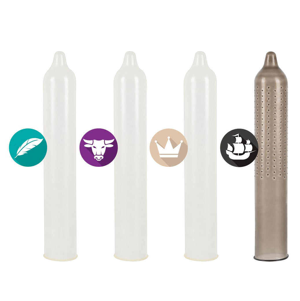 Condom variety pack: extra thin, ribbed, studded and contoured condoms.