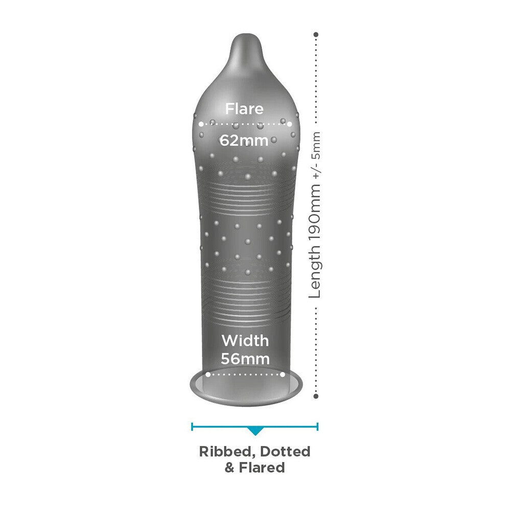 EXS ribbed and dotted condom dimensions.