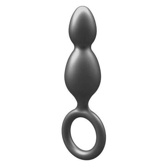 Metallic grey two ball anal plug with circular base.