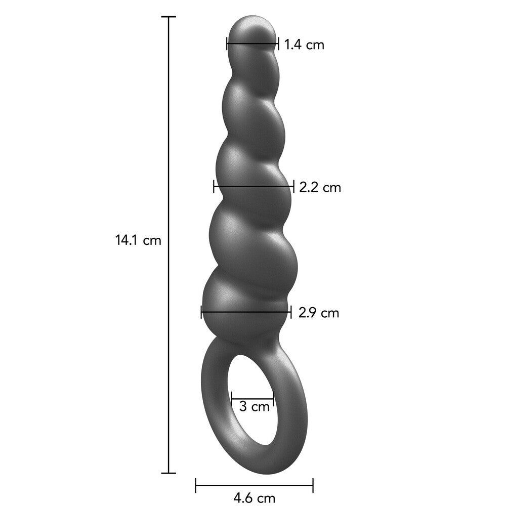 Dimensional drawing of a metallic grey silicone butt plug with a looped handle.