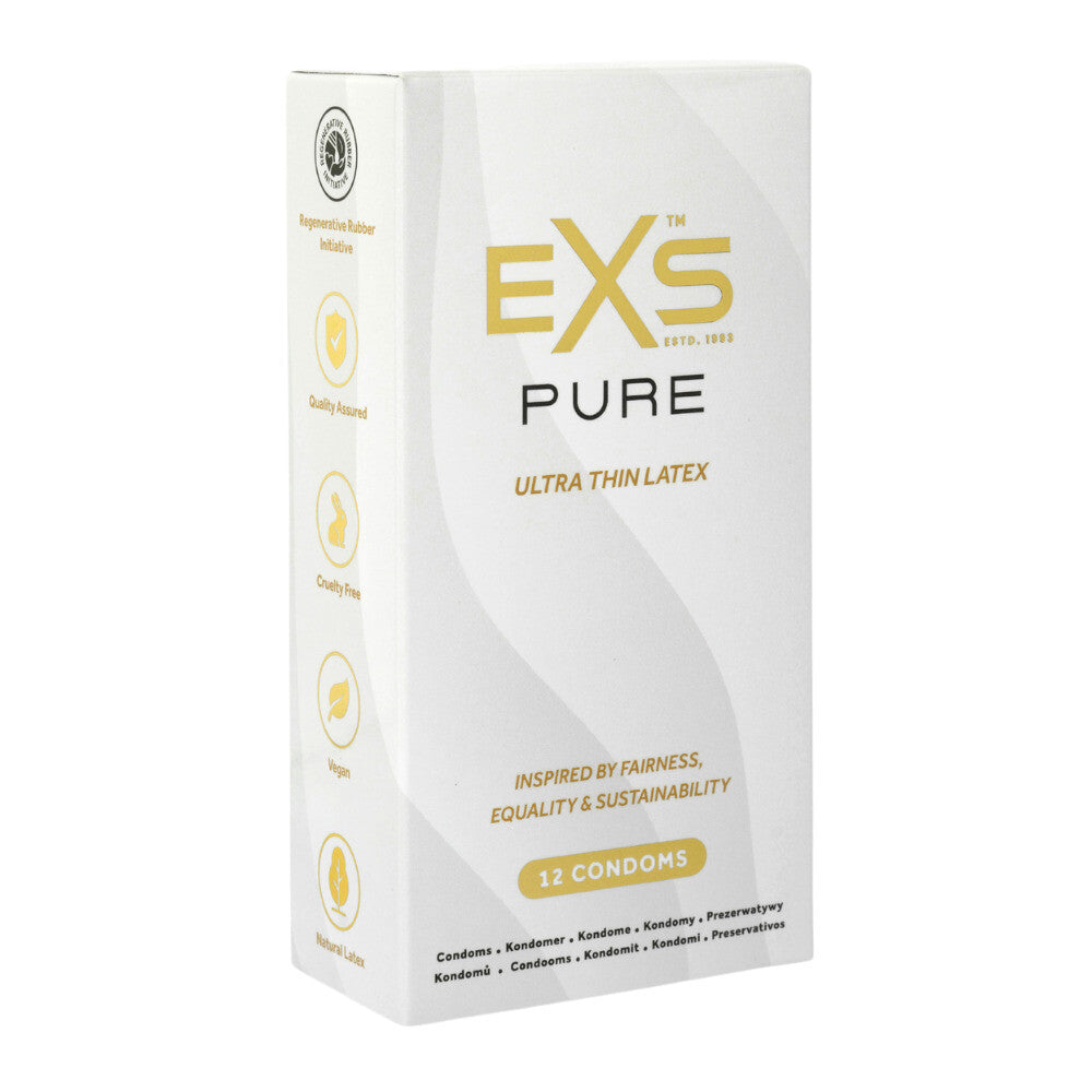 EXS Pure Ultra Thin Latex Condoms pack. Vegan, cruelty-free and quality assured for worry-free intimacy.
