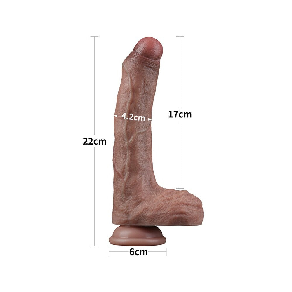 Realistic Lovetoy dildo with detailed texture and anatomical features, shown with measurements.