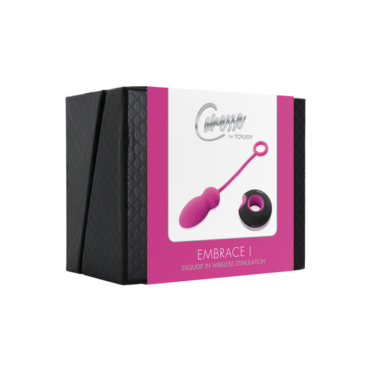 ToyJoy Caresse Embrace I remote control egg, pink and black, packaged in a gift box.