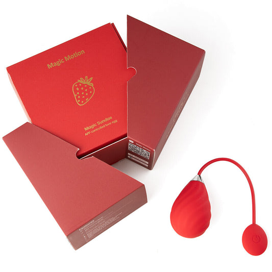 Red Magic Motion Magic Sundae app-controlled love egg vibrator with its strawberry-themed box.