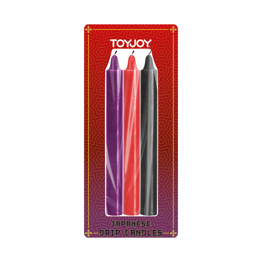 ToyJoy Japanese drip candles; purple, red, and black.