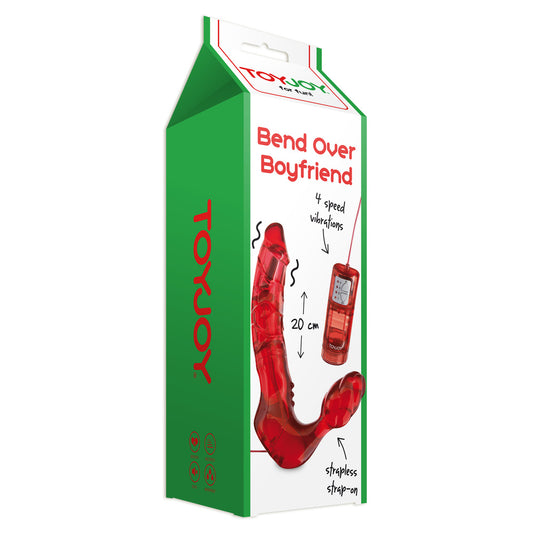 ToyJoy Bend Over Boyfriend strapless strap-on in red, displayed in its cheeky packaging.