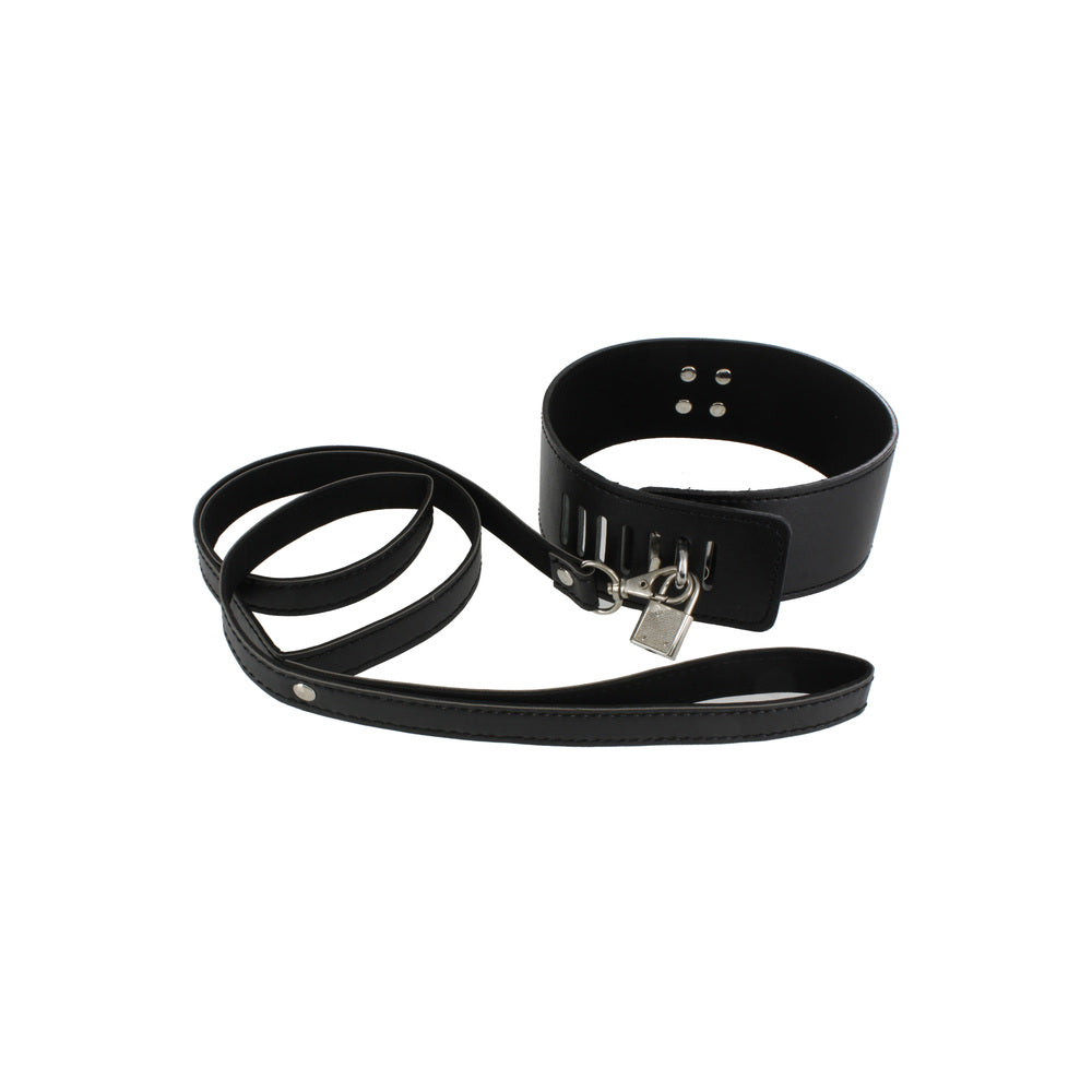 Black faux leather collar with leash and padlock.
