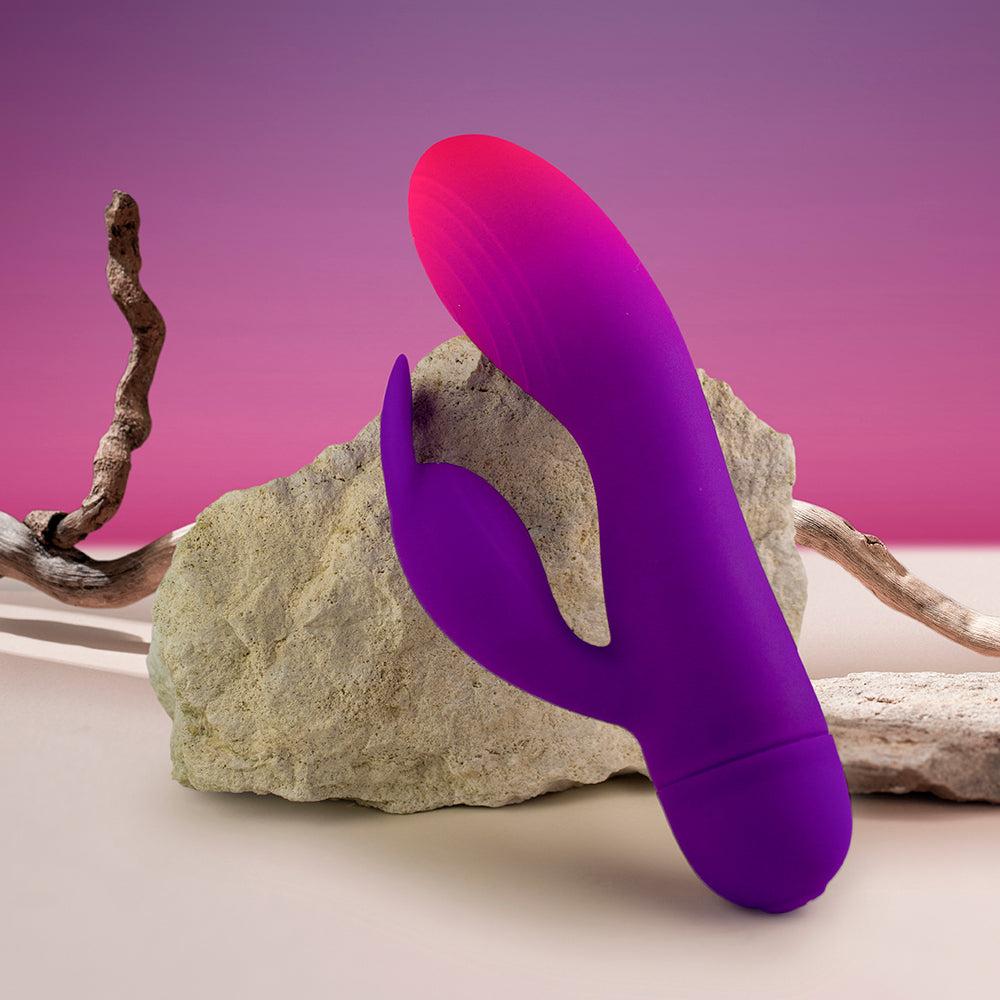 Rocks Off GloGirl Rabbit Vibrator in plum and pink.