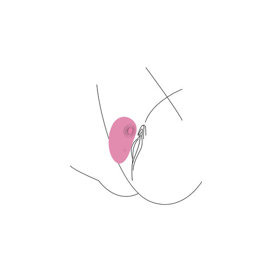 Line drawing of female body with pink pleasure device on clitoris.