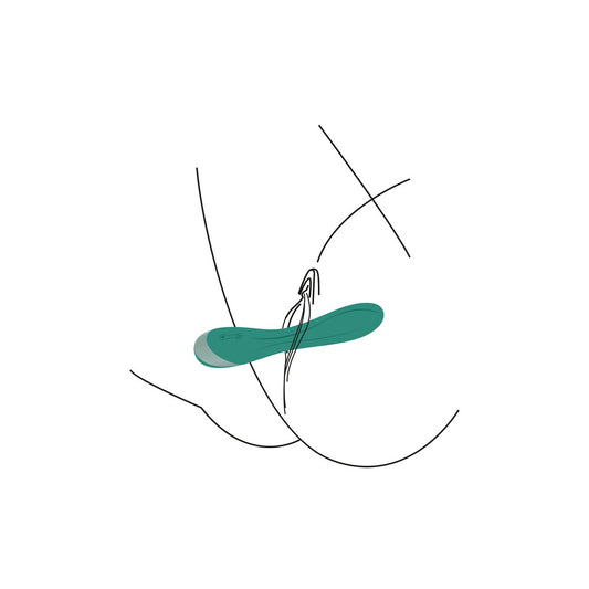 Teal G-spot vibrator with tendrils illustration.