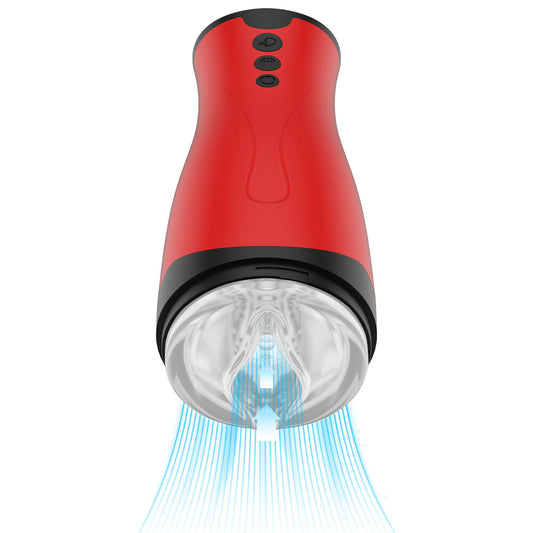 Red Fusion X suction masturbator toy with clear internal detail and control buttons.
