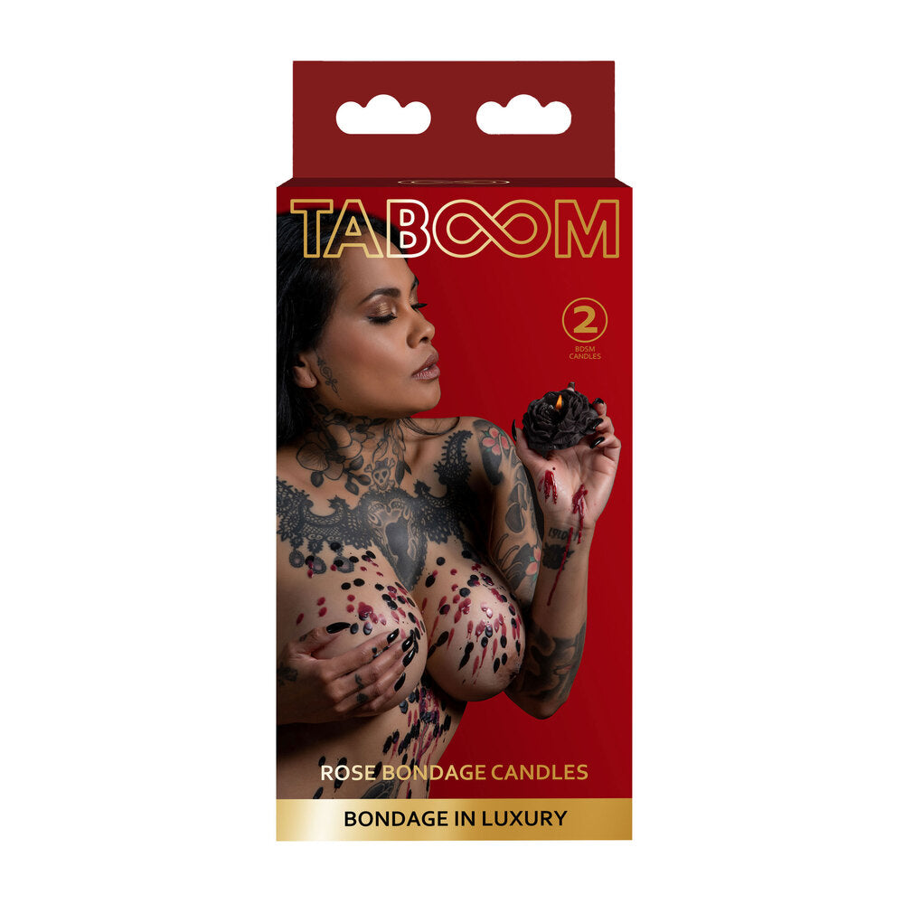 Taboom Rose Bondage Candles box: tattooed woman with dripping wax, holding a rose candle. Bondage in Luxury.