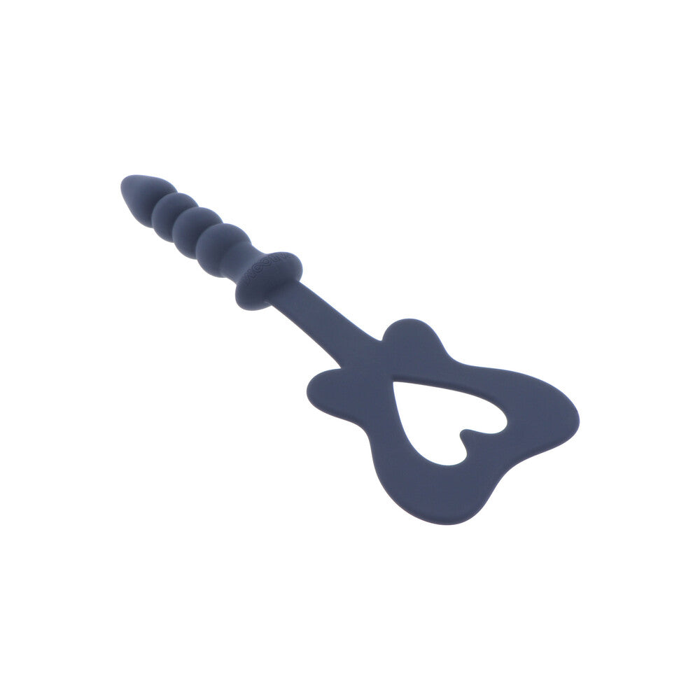 Blue Taboom paddle with textured plug, heart detail for playful exploration.