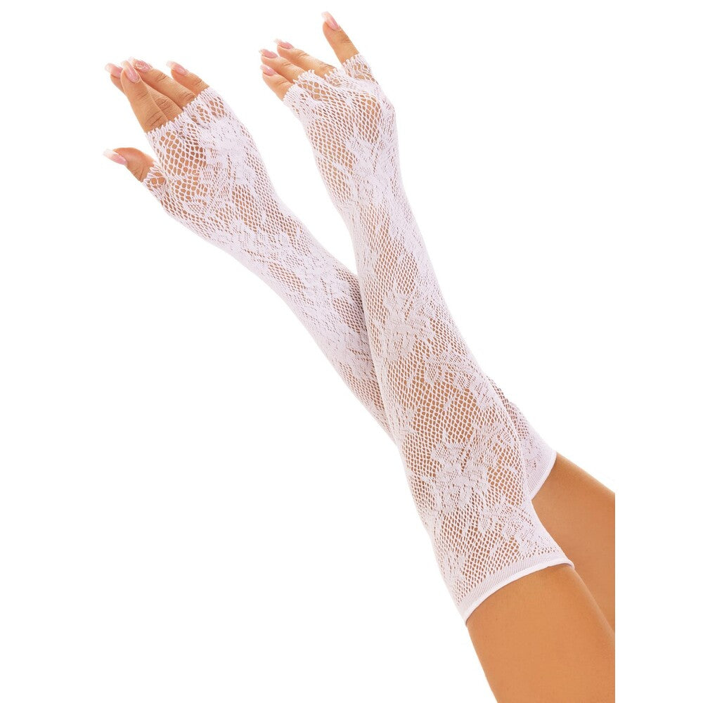 White floral net fingerless gloves