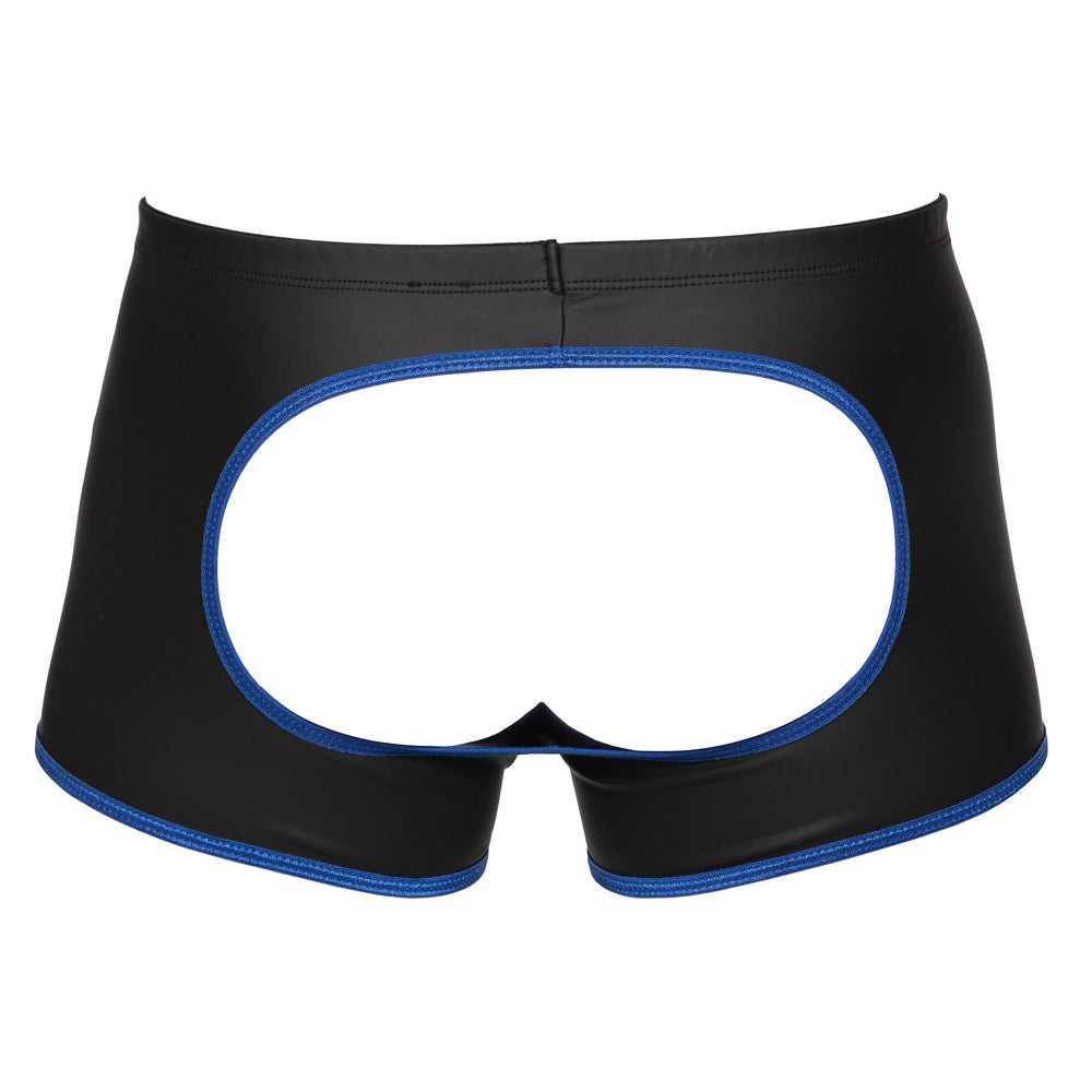 Open pants with cheeky bum-revealing cut-out, finished in black with vibrant blue trim.