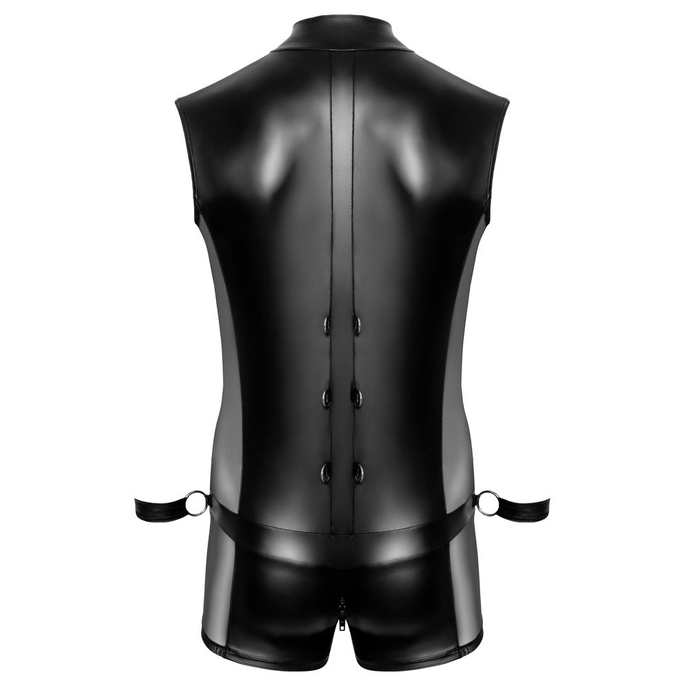 Glossy black jumpsuit, a leatherette fantasy. Buttons cascade down the back. Straps tease at the hips, a playful promise of naughty nights.