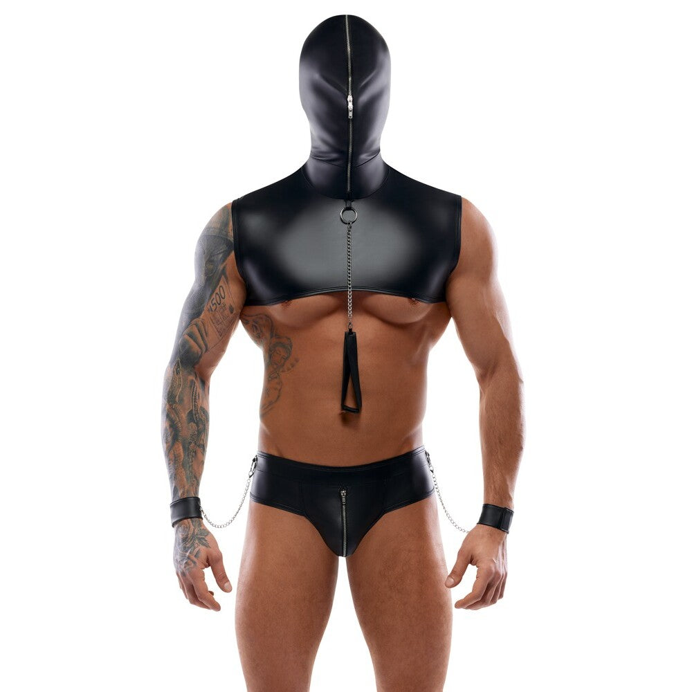 Here you go:
Dare to dominate! Zipped hood, leather-look briefs, and wrist restraints, all in wickedly suggestive black. Embrace your bold desires.