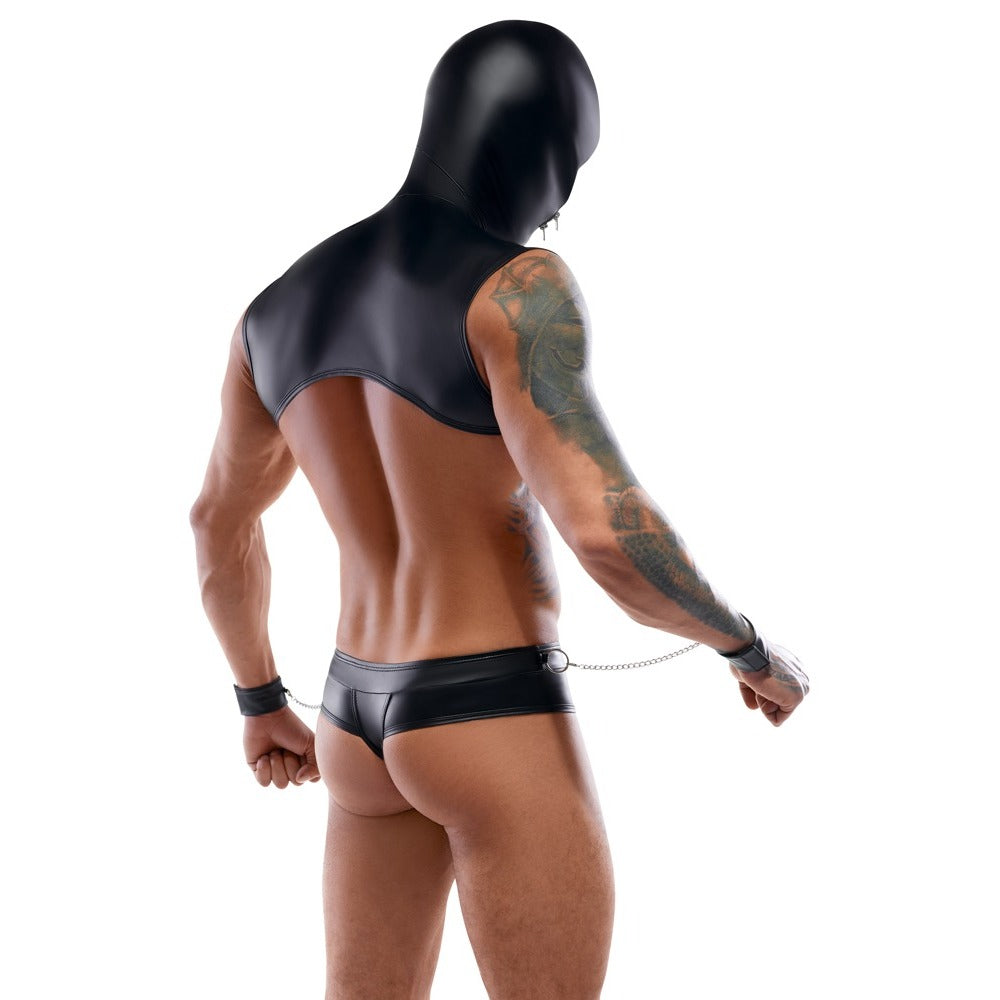 Captivatingly kinky. A glossy black hood, briefs, & cuffs linked by daring chains. Enigmatic sensuality at play.