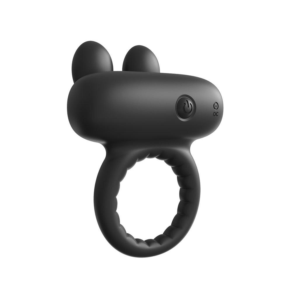 Black vibrating cockring with rabbit ears for extra sensations.