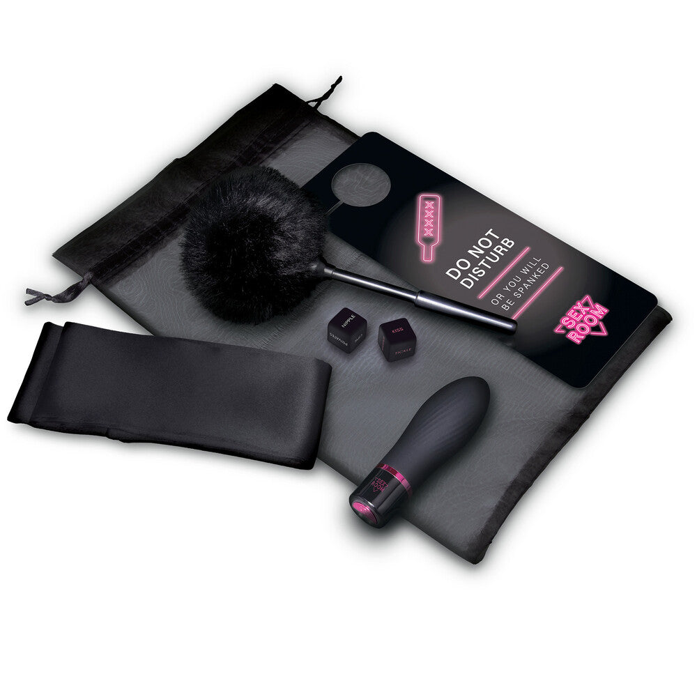 Sex Room Vibe Kit with vibrator, dice, feather tickler, blindfold, storage bag, and "Do Not Disturb" sign.