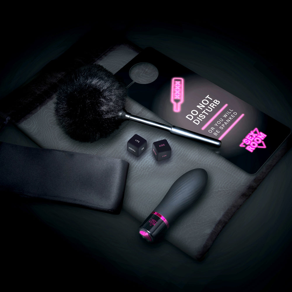 Dream Toys' Sex Room Vibe Kit: vibrator, feather tickler, sexy dice, blindfold and "Do Not Disturb" sign.