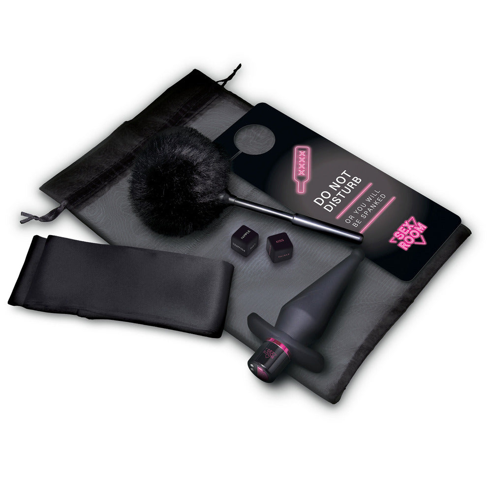 Sex Room Anal Play Kit with plug, feather tickler, dice and door sign.
