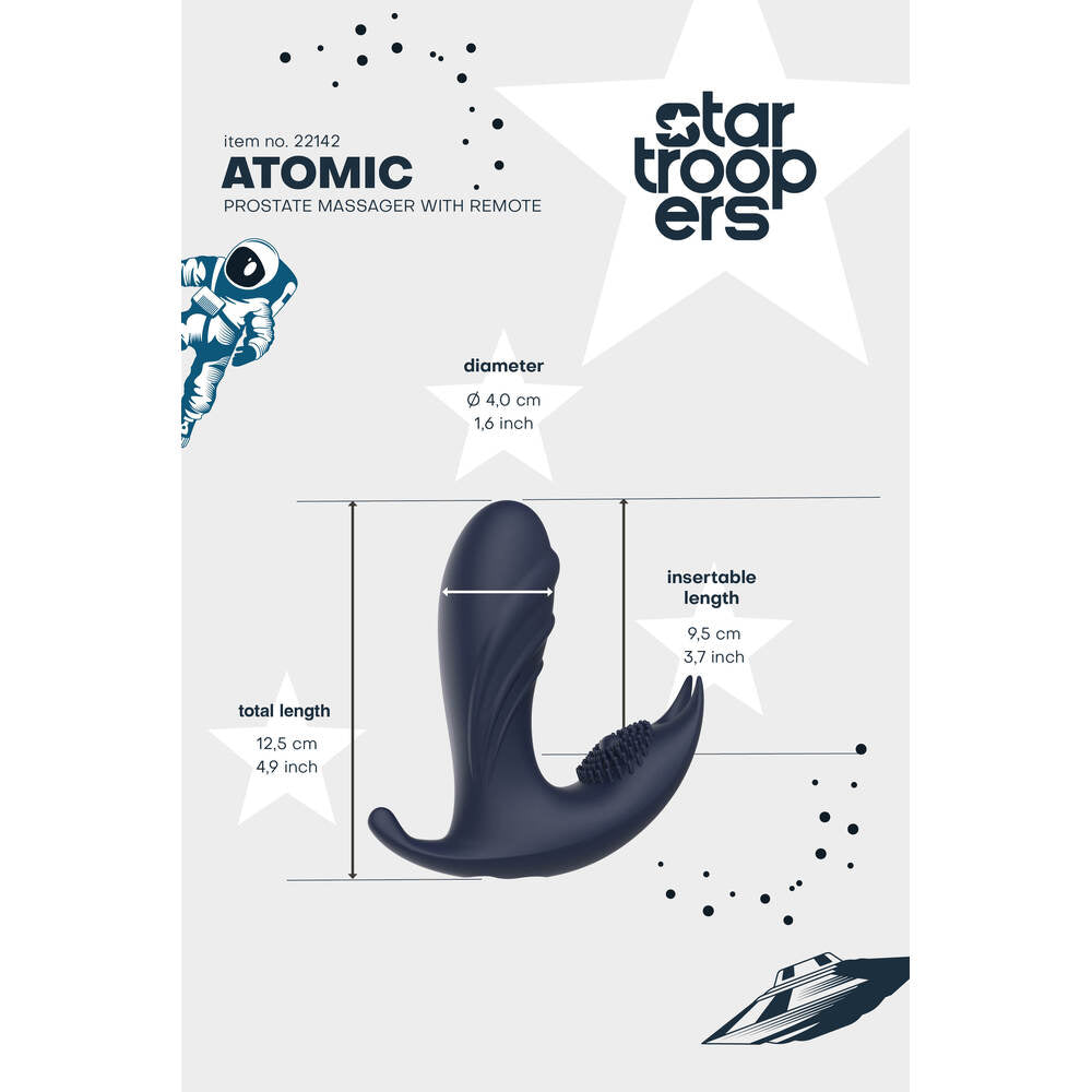Diagram of the Star Troopers Atomic prostate massager, showing dimensions.