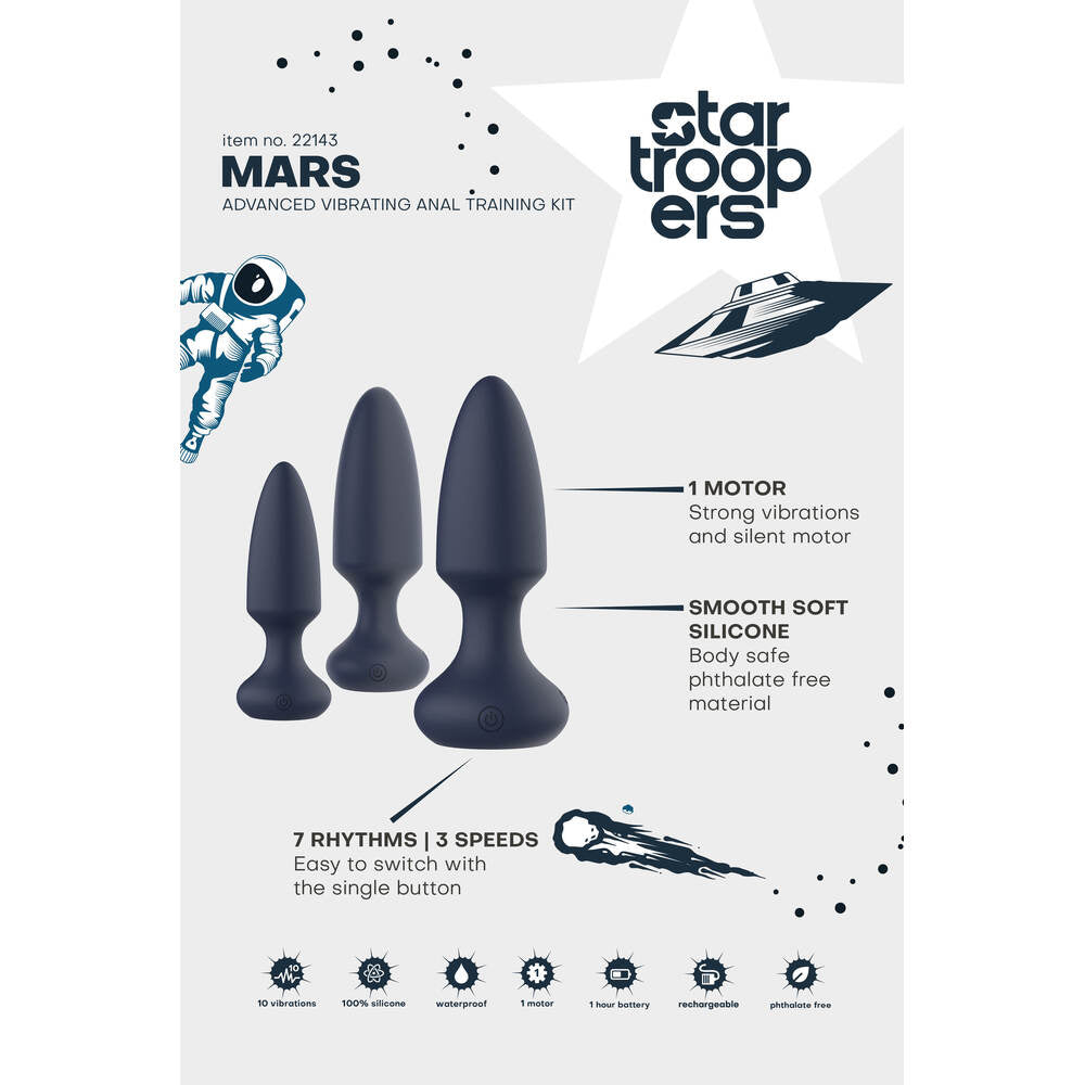 Star Troopers Mars Anal Vibe Kit: three silicone butt plugs for adventurous pleasure with 7 rhythms and 3 speeds.