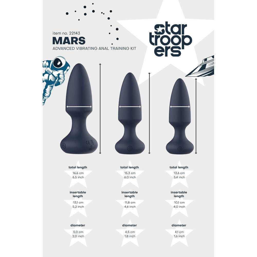 Star Troopers Mars vibrating anal training kit with three butt plugs and dimensions.