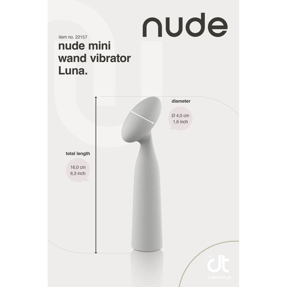 Nude Luna Mini Wand Vibrator. Diagram showing its sleek design and dimensions in centimetres and inches. Dream Toys.