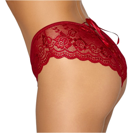 Red lace crotchless knickers with bow detail
