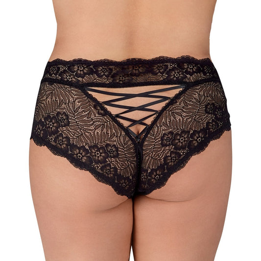 Black lace knickers with ribbon criss-cross detail.