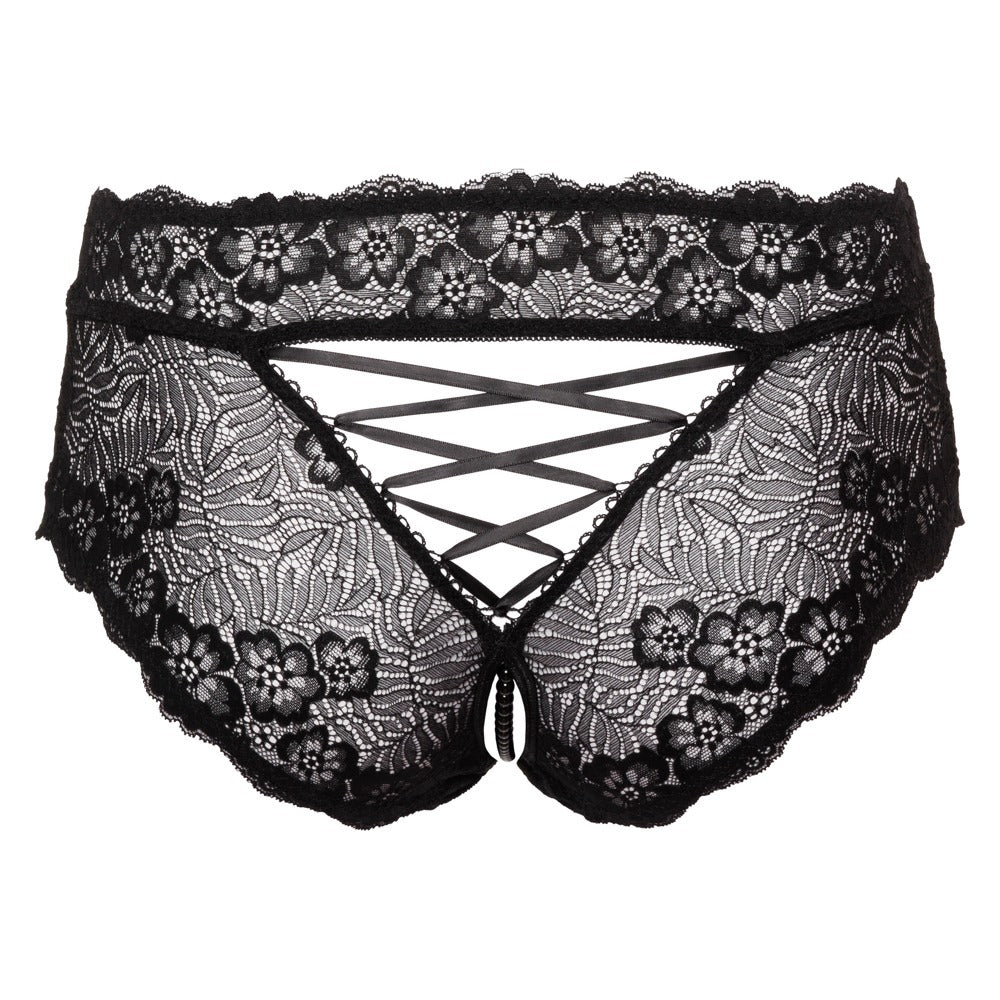 Black lace panties with pearl chain detail.