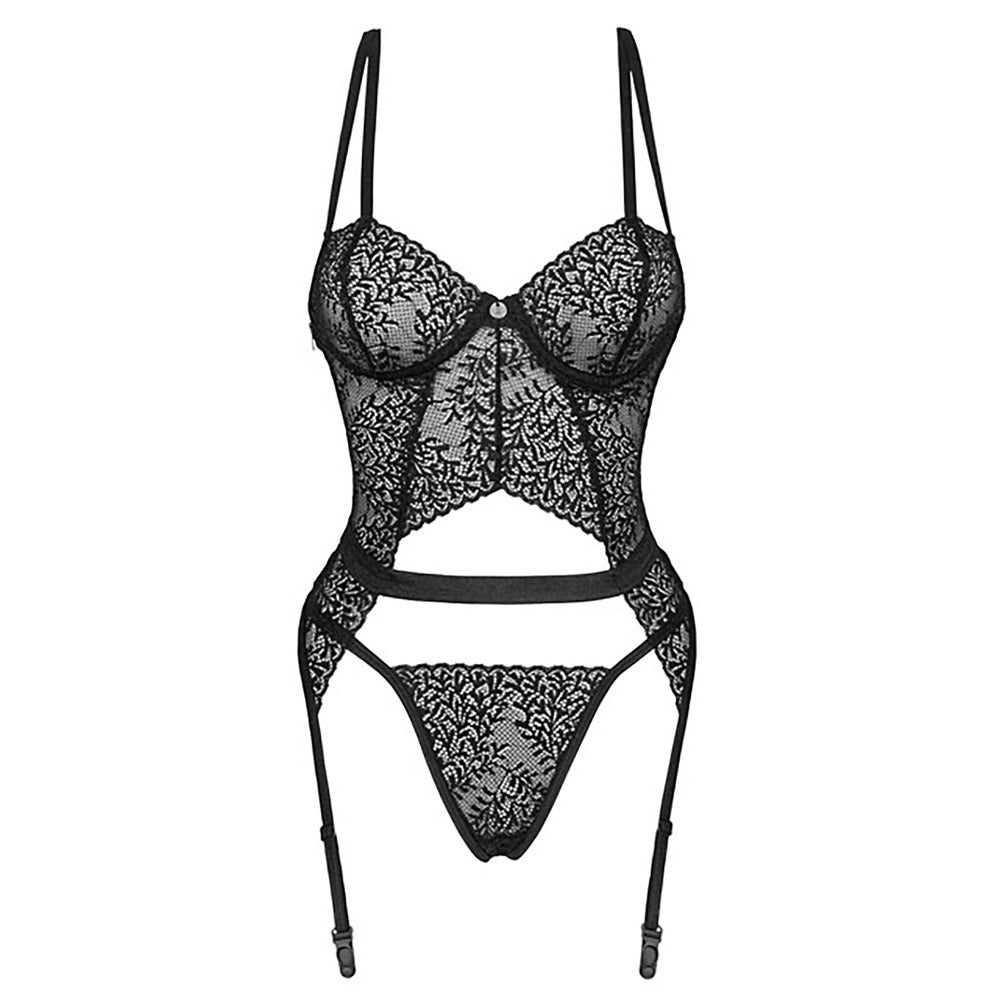 Black lace lingerie set with garter straps