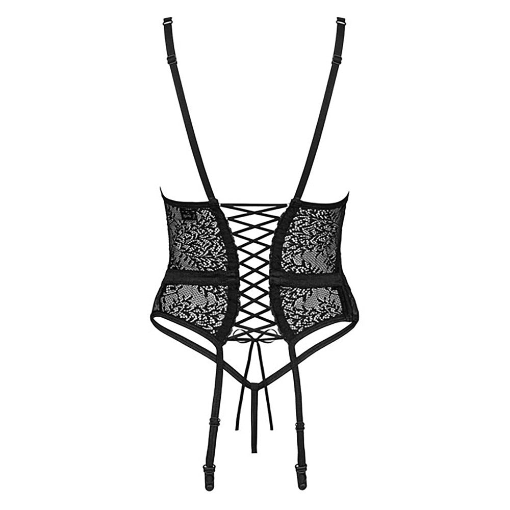 Black floral lace corset with adjustable straps and suspenders. Back lacing adds a cheeky touch.