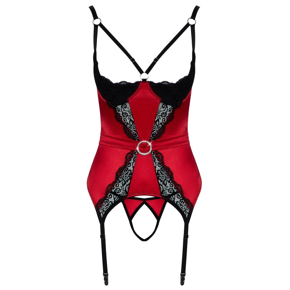 Red cupless, crotchless basque with black lace and adjustable suspender straps.
