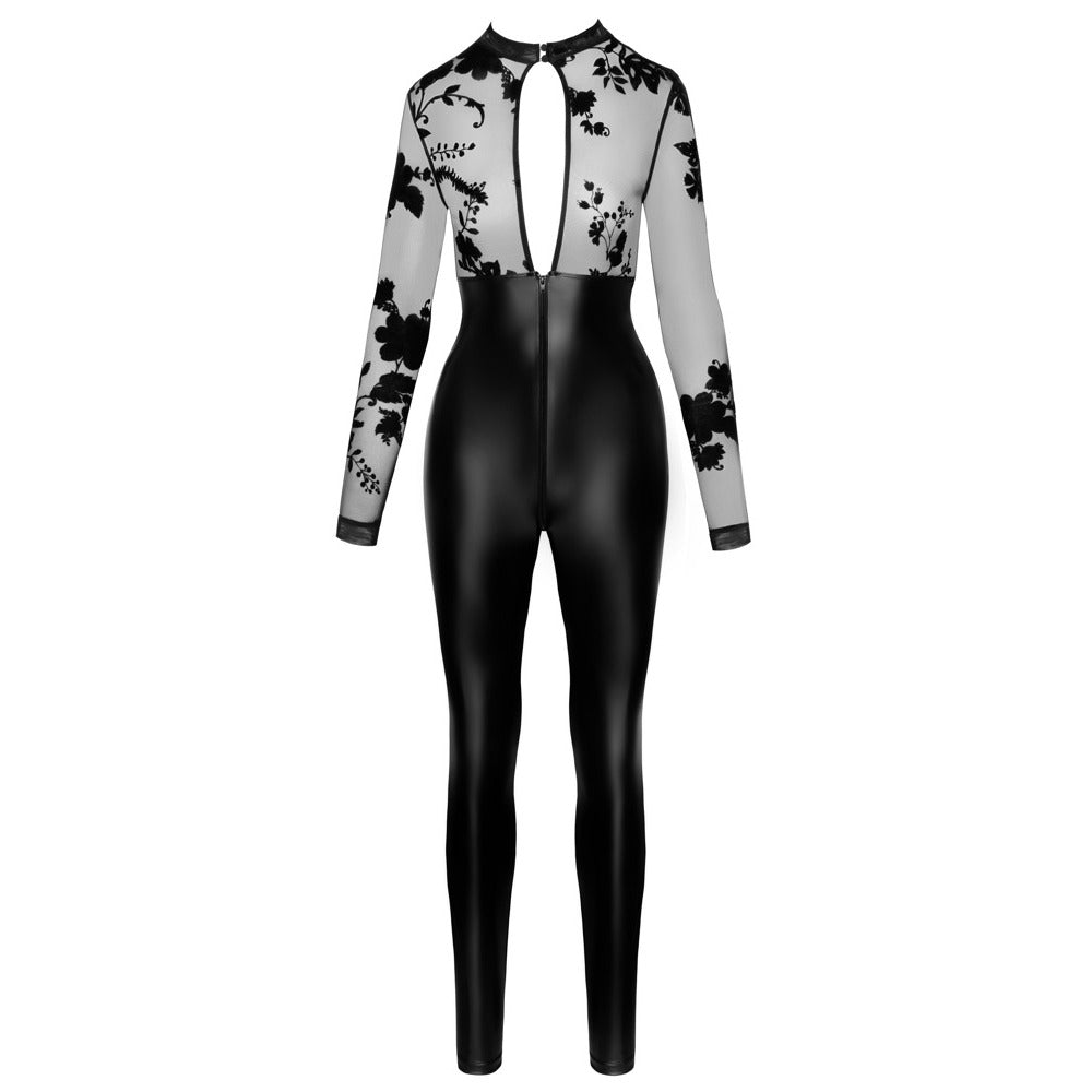 Floral mesh & faux leather jumpsuit. A sultry silhouette for confident nights out or cheeky evenings in.