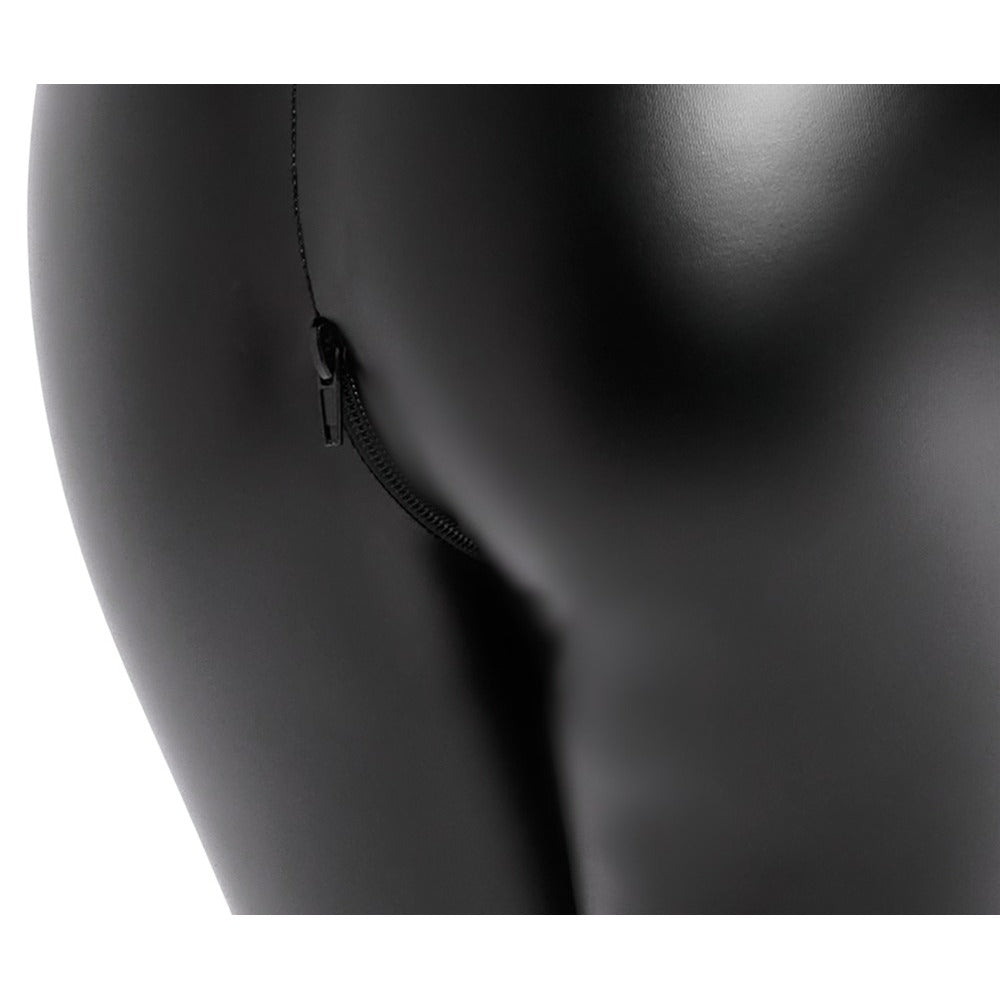 Noir jumpsuit close-up with zip detail.