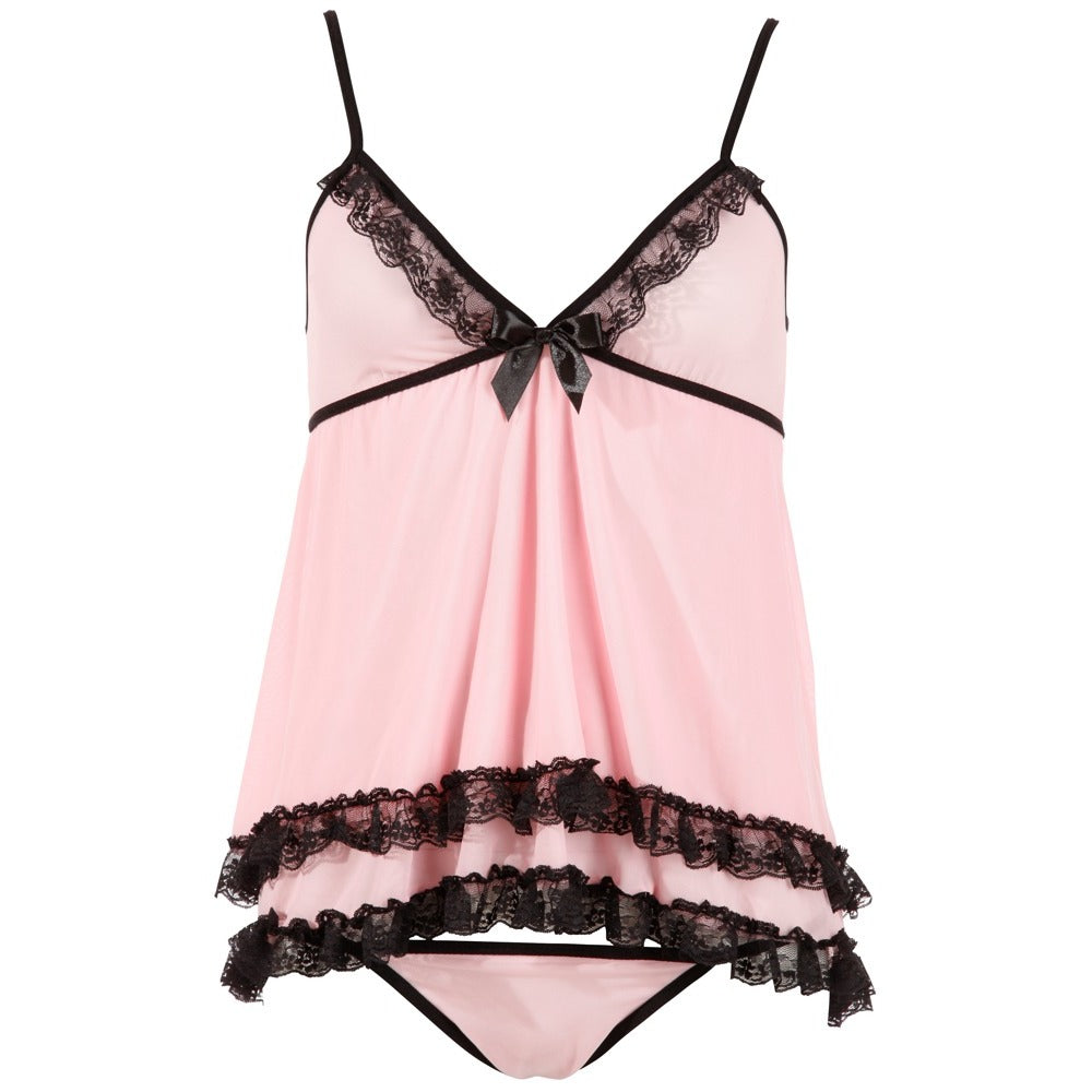 Pink babydoll lingerie set with black lace trim.