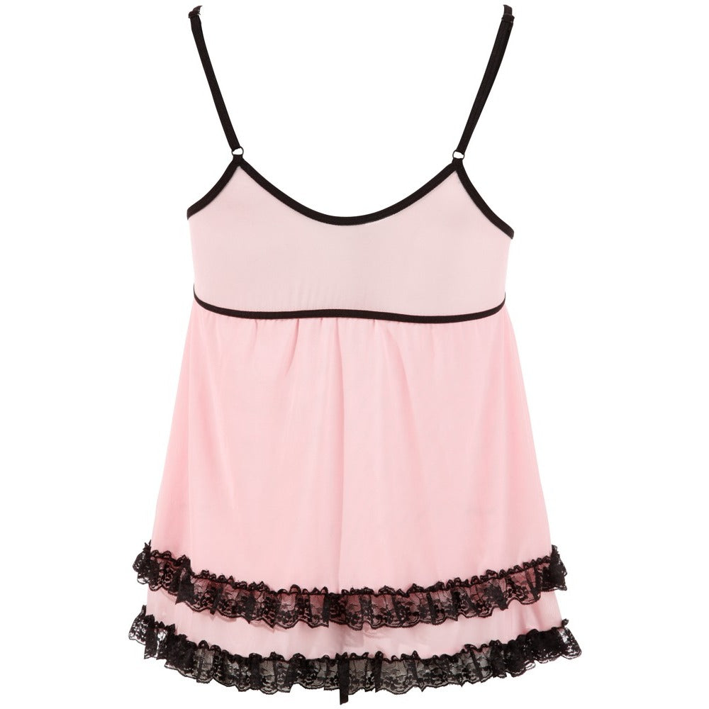 Pink babydoll lingerie with black lace trim