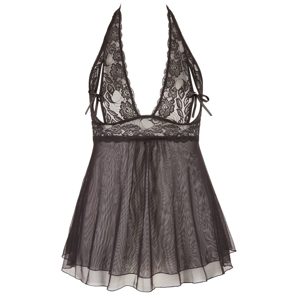 Black halter neck lace and mesh babydoll lingerie
