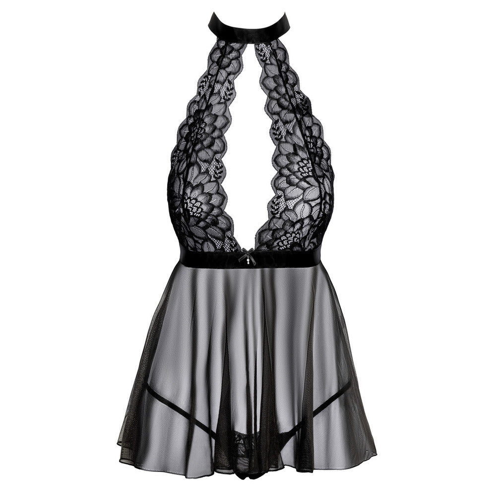 Black lace halterneck babydoll with a flared chiffon skirt. Flirty and feminine lingerie.