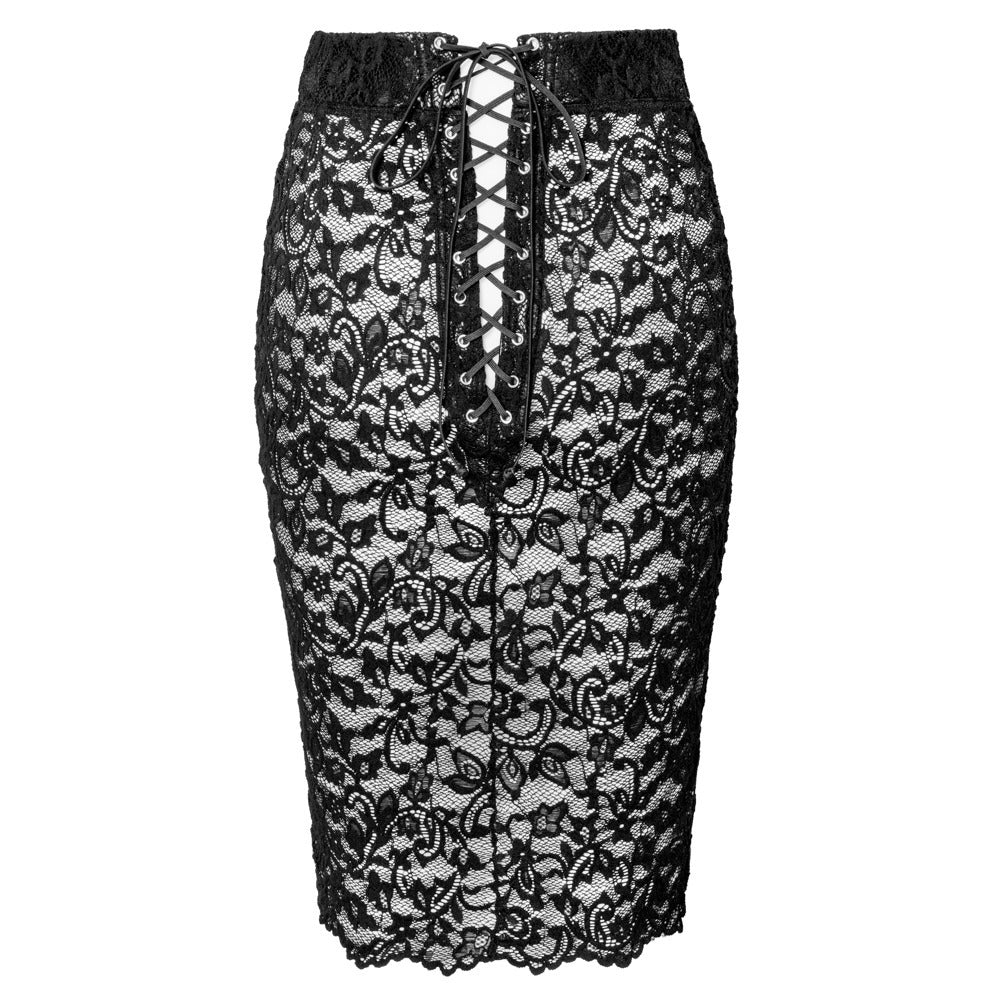 Noir lace pencil skirt with front lace-up detail