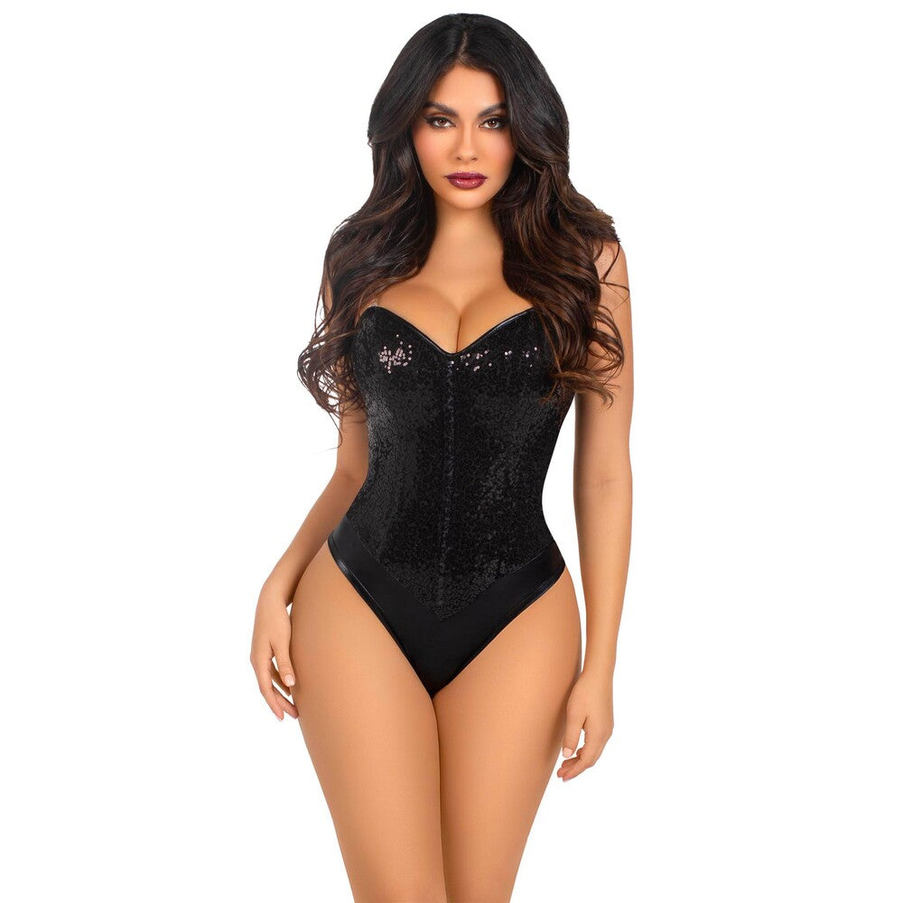 Confident model in a Leg Avenue black sequin bodysuit.