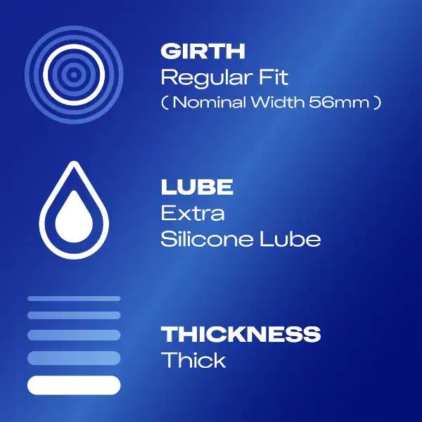 Durex Extra Safe condom features. Regular fit, extra lube, and thick for added confidence.