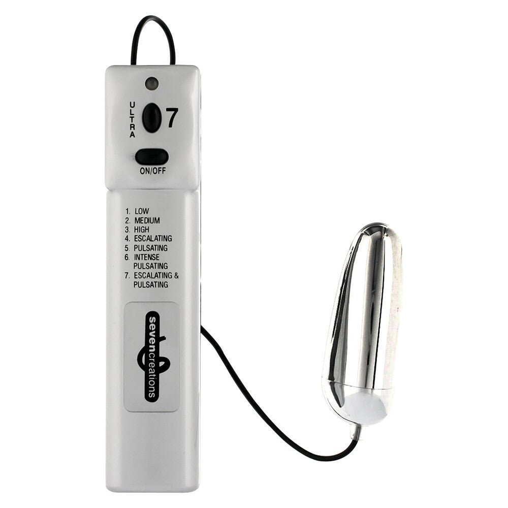 Seven Creations Ultra 7 Vector Egg vibrator, white controller and silver egg.