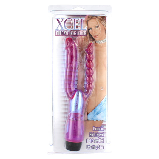 Xcel purple double-penetrating vibrator in packaging