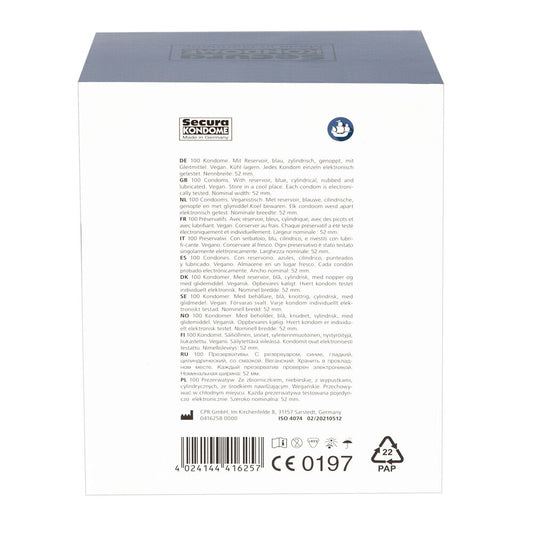 Secura Kondome Blue Pearl: 100 blue, ribbed condoms. Vegan-friendly & electronically tested for peace of mind. Snug fit, 52mm width.