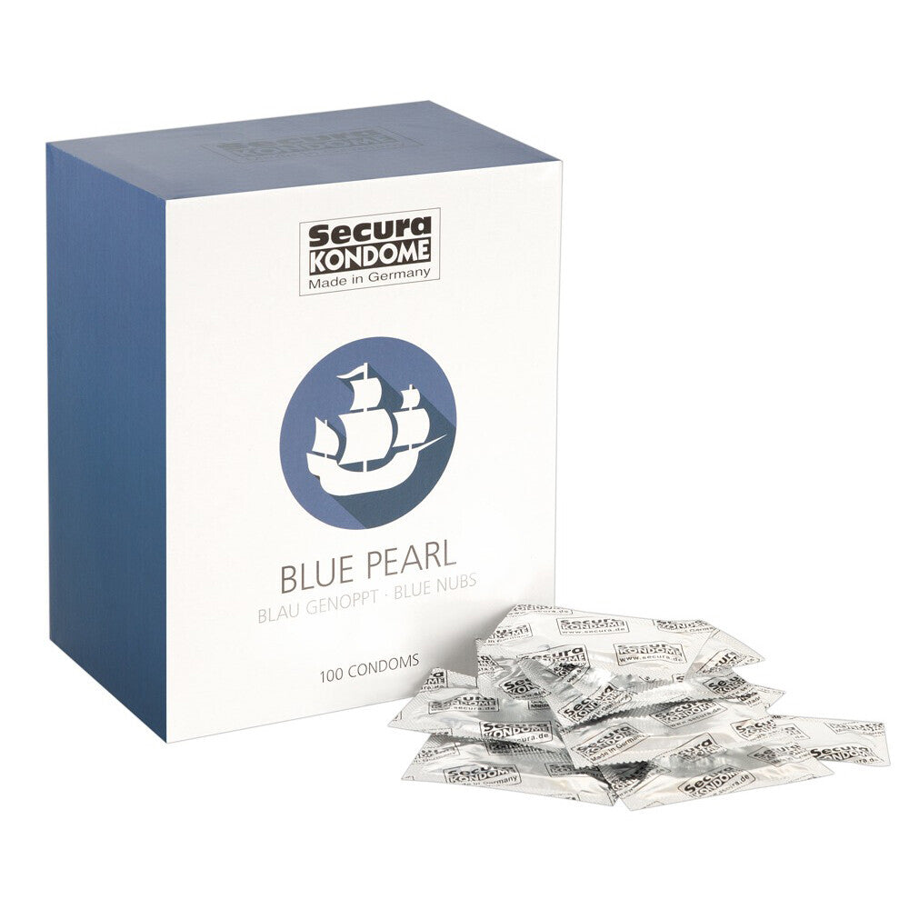 Secura Kondome Blue Pearl bulk pack of 100 condoms.