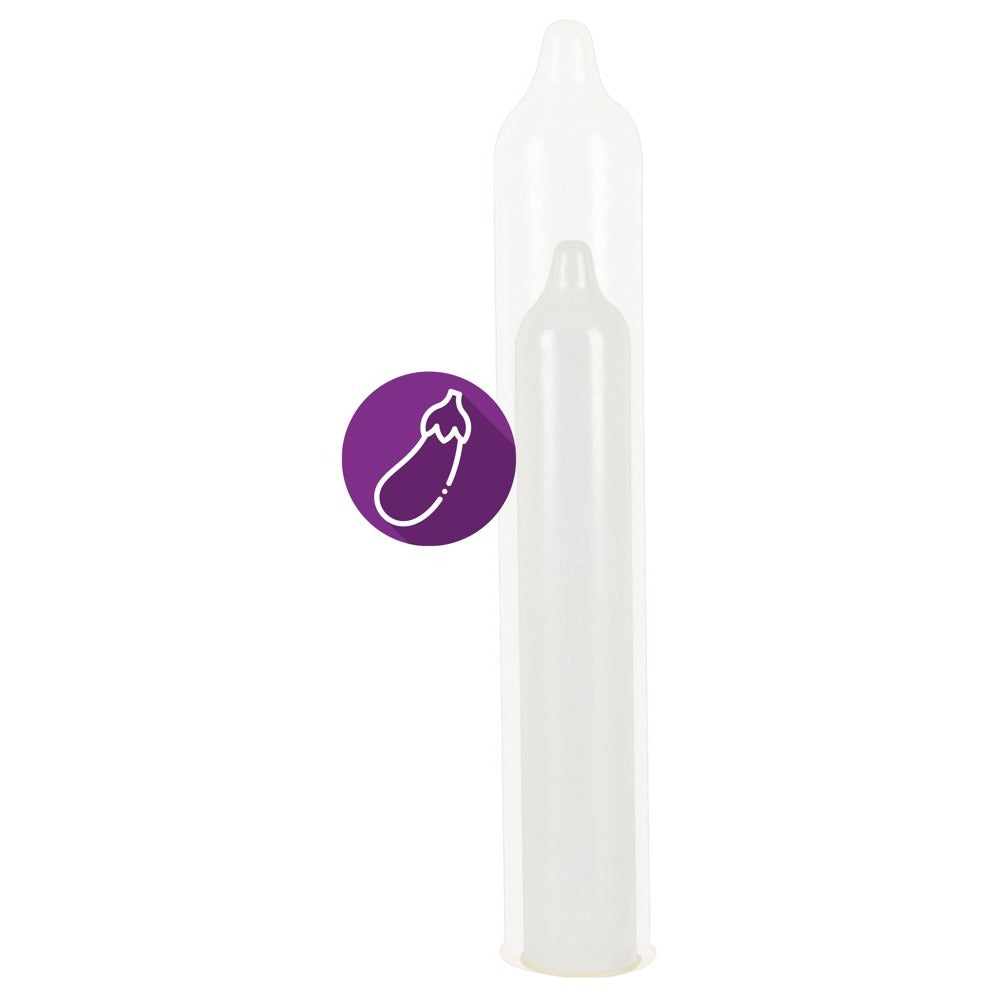 Extra large condom with aubergine graphic